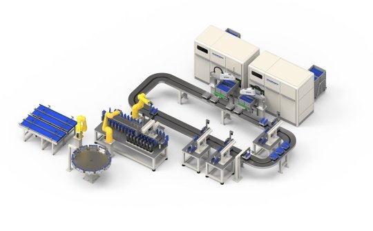 Rendering 3D linea automatica test celle prismatiche