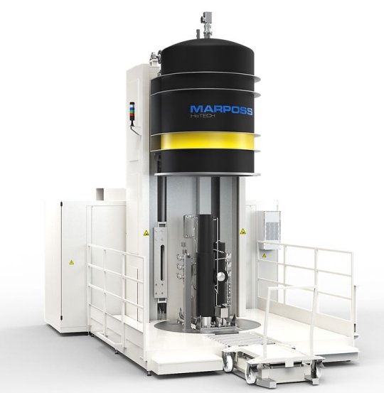 Rendering 3D banco di collaudo che esegue test di perdita completamente automatico sulle pompe di calore ad uso domestico